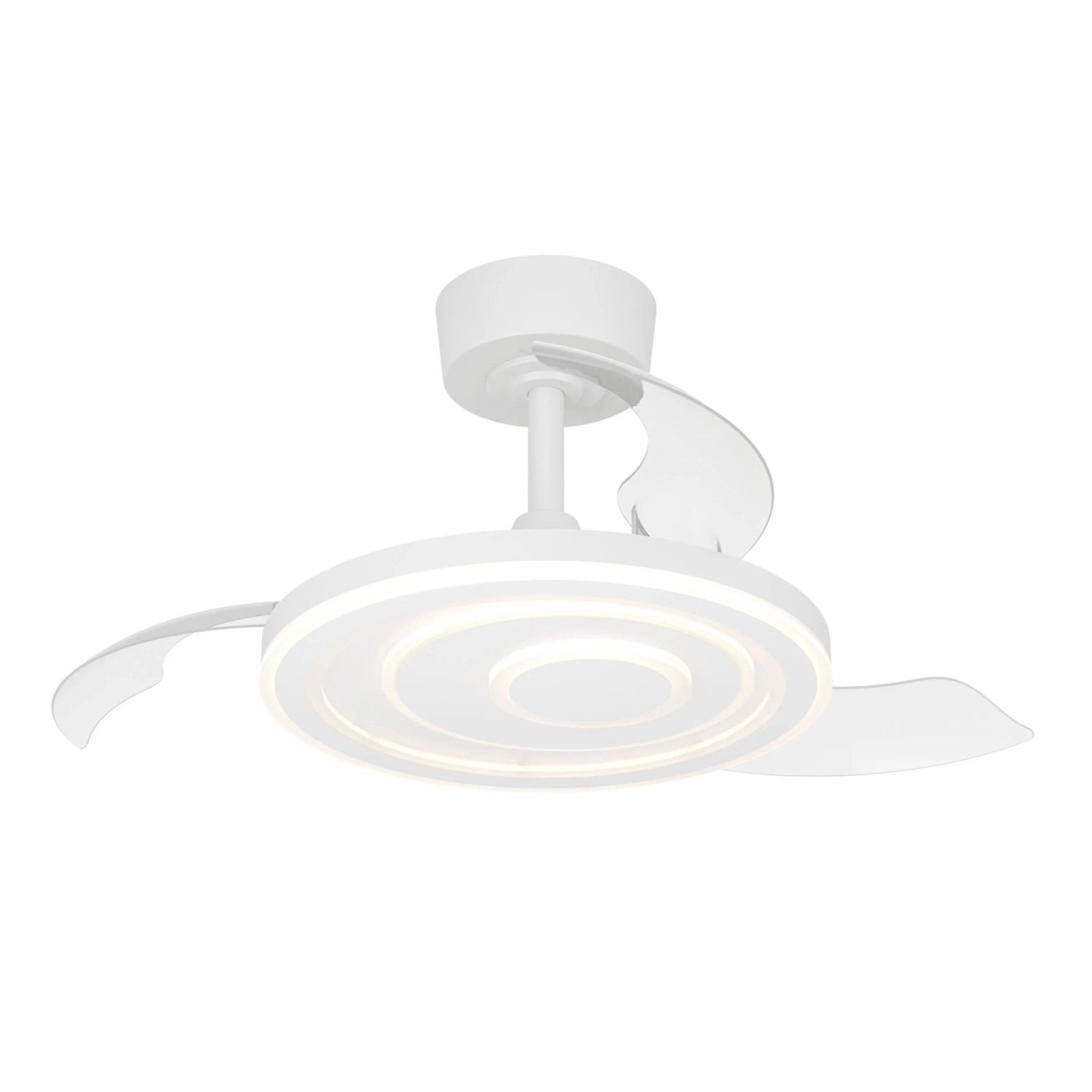 Weißer Eglo LED-Deckenventilator Riomaggiore mit leuchtendem LED-Licht und eingezogenen Flügeln.