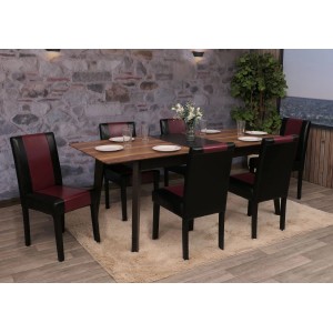 CHEFGASTRO Esszimmerstuhl 6er-Set, schwarz-rote Kunstleder-Polsterung, dunkle Beine.