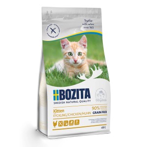 Bozita Katzen-Trockenfutter Kitten Grain Free Huhn, 400g Packung mit Katzenbild.