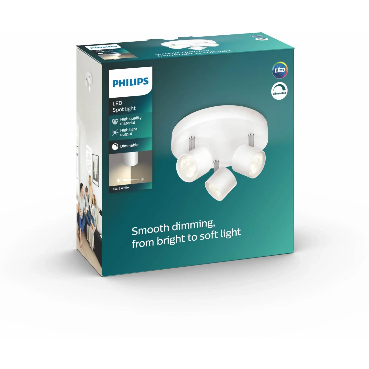 Verpackung des Philips LED-Spot 3er Star in Weiß. Deckenspot mit drei schwenkbaren Leuchten.