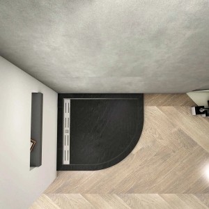 Schwarze AICA Runddusche 80x80 cm mit Stein-Effekt, flache Duschwanne für Viertelkreis-Duschkabine.