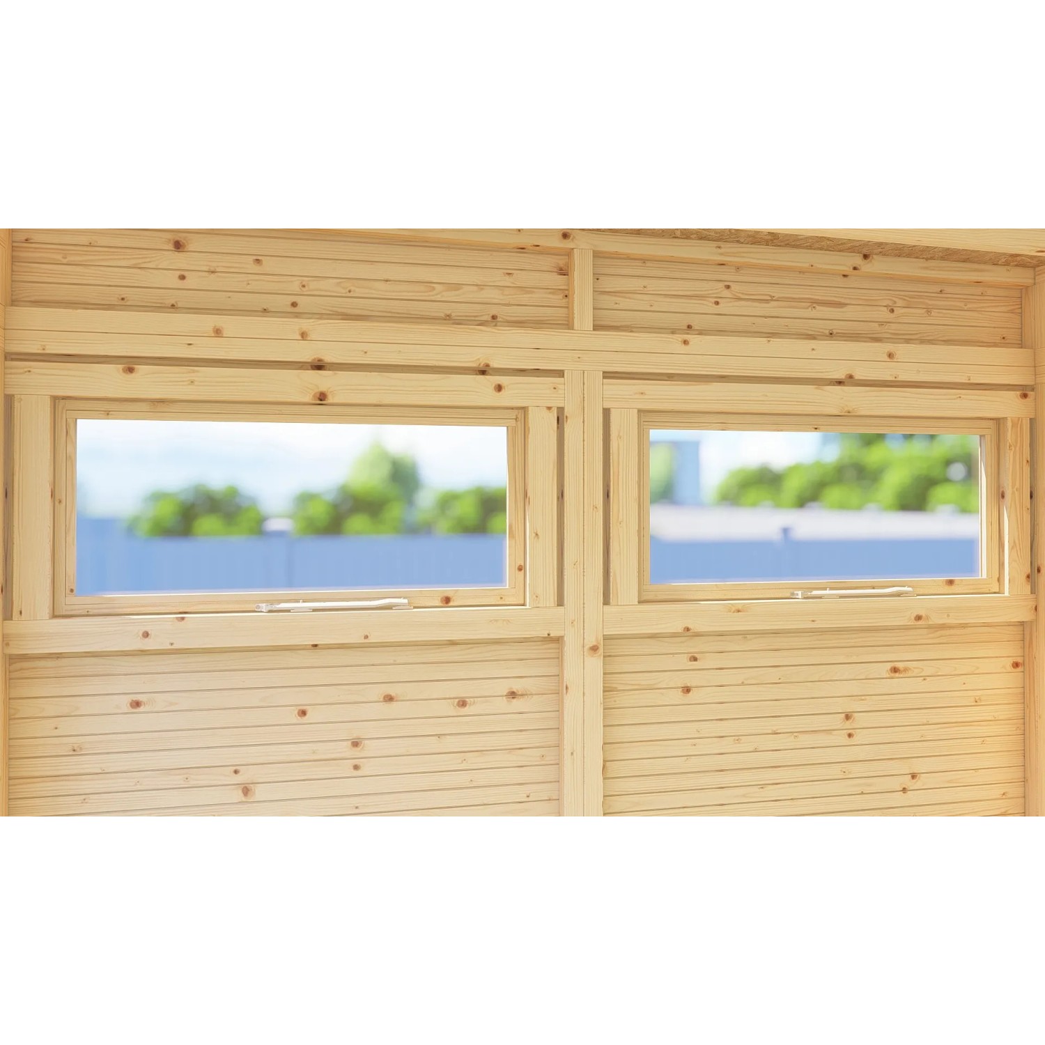 Innenansicht Gartenhaus Cubus 2 Office mit zwei Fenstern aus Holz und Sicherheitsglas.