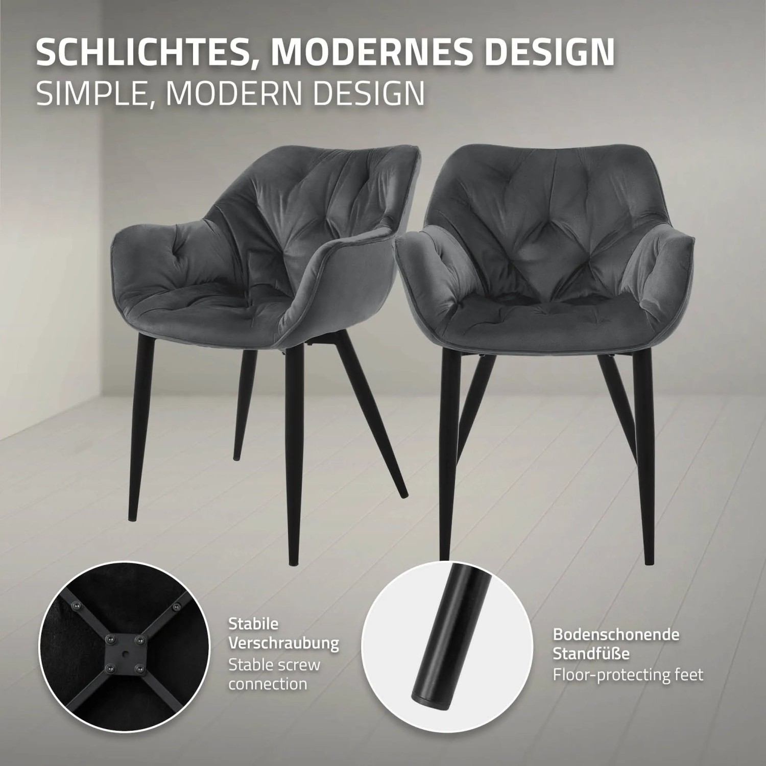 ML-Design Esszimmerstühle, 6er Set, anthrazitfarbener Samt, gesteppte Rückenlehne, schwarze Metallbeine.
