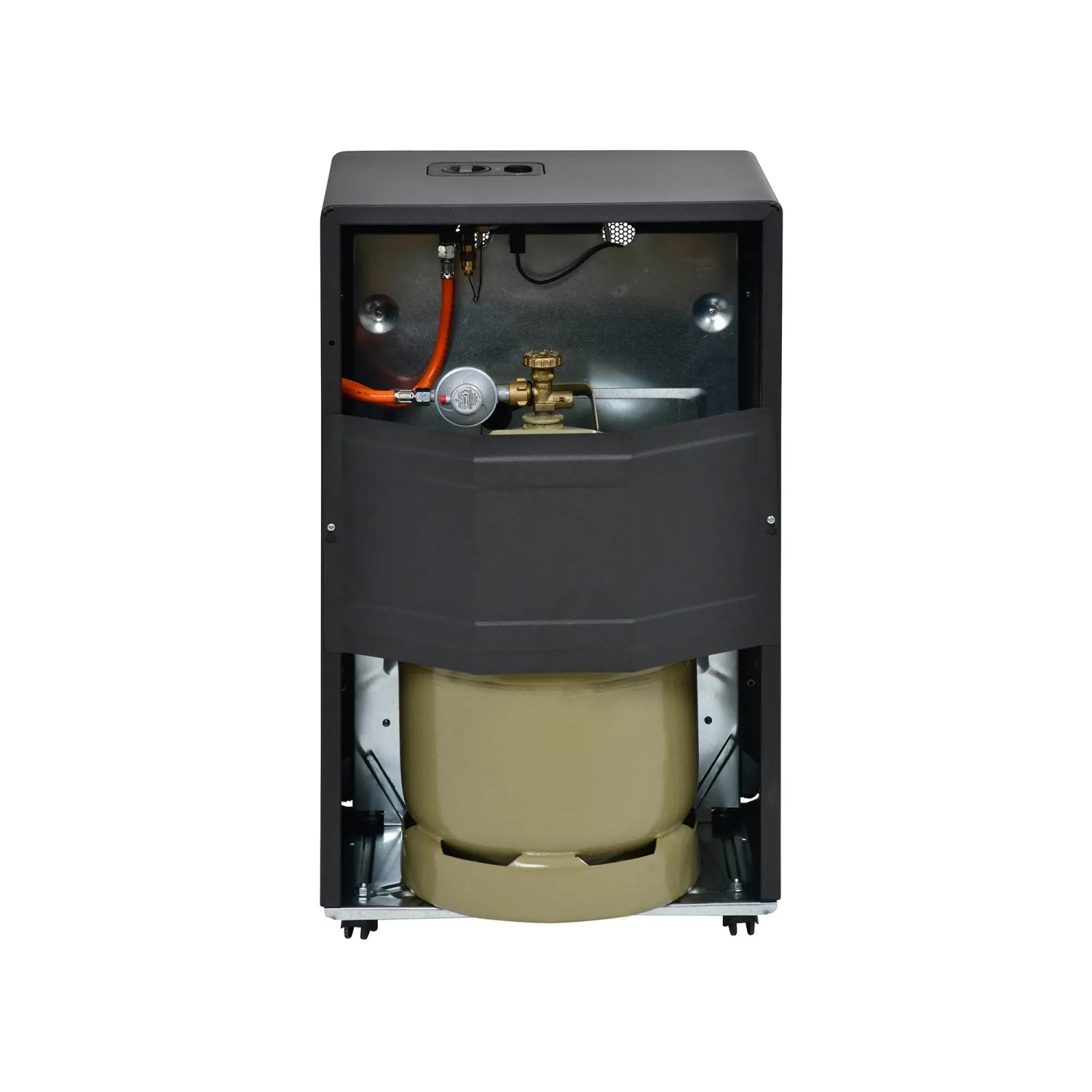 Rückansicht des schwarzen Firefix Gas-Heizofen 4200 Basic mit Gasflasche und Anschlüssen.