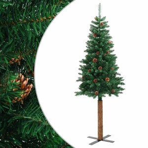 Schlanker künstlicher Weihnachtsbaum 180 cm grün mit Echtholzstamm und Zapfen. Perfekt für festliche Dekoration.