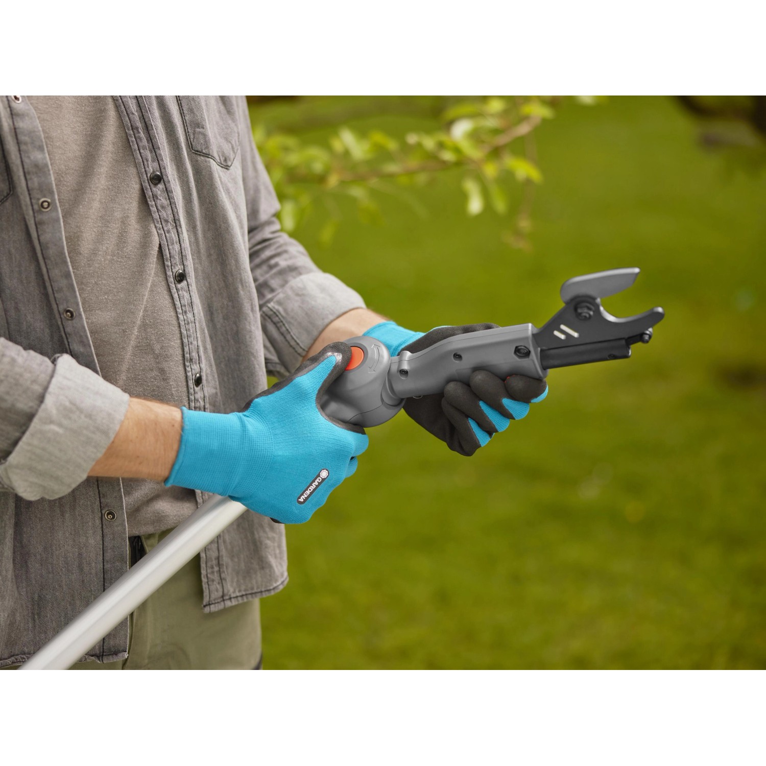 Gardena Akku-Teleskop-Baumschere HighCut 250/18V in Aktion, Äste schneiden.