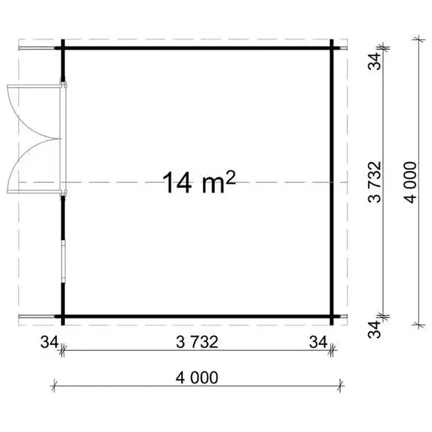 Grundriss Alpholz Holz-Gartenhaus Roger-34, 400x400cm, imprägniert, 14m² Grundfläche.