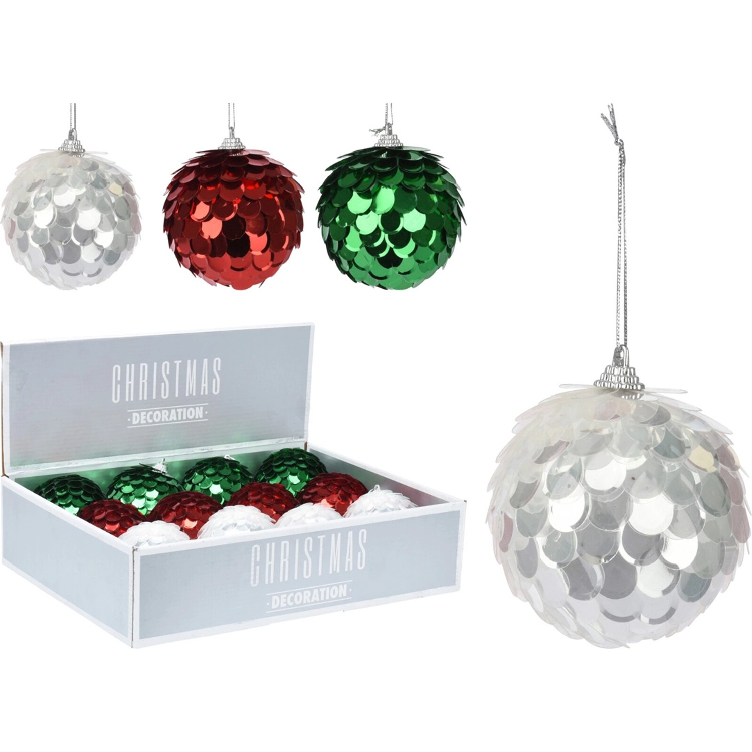 Weihnachtskugeln im Blattdesign, Ø 8cm, 3-fach sortiert in Weiß, Rot und Grün.