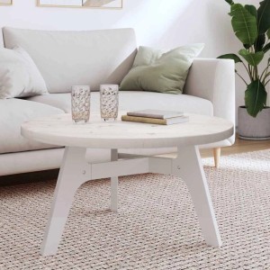 Runde weiße Tischplatte aus massivem Kiefernholz, Ø80 cm, als Couchtisch in hellem Wohnzimmer.