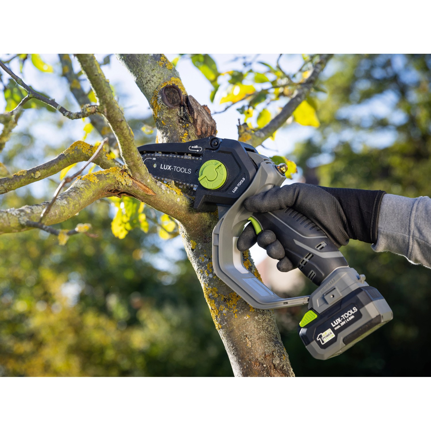 LUX-TOOLS Akku-Astsäge A-EAS-20/154 beim Schneiden eines Astes. Kompakte Akku-Kettensäge für Gartenarbeiten.