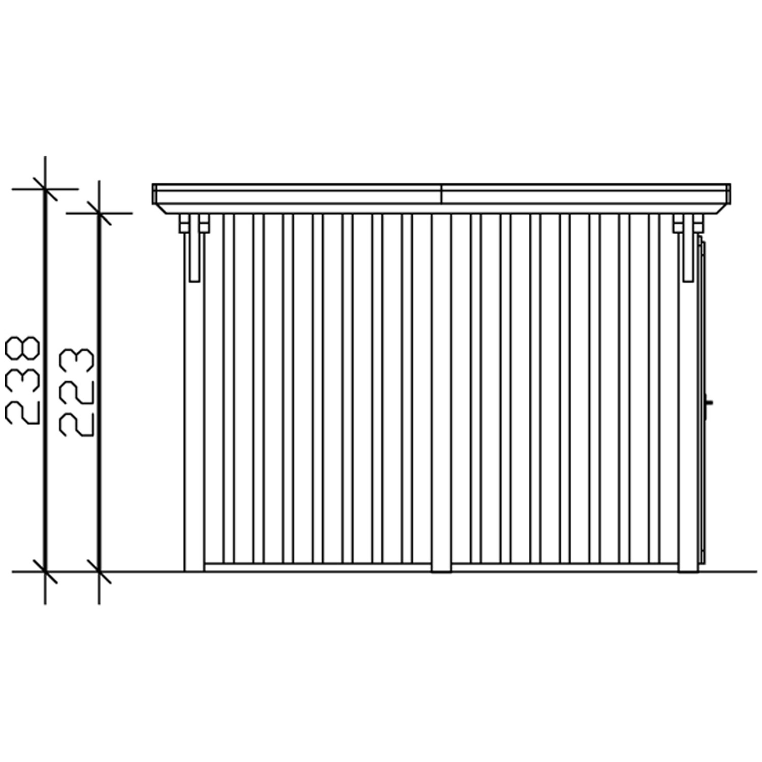 Technische Zeichnung: Weißes Skan Holz Einzelcarport mit Abstellraum, Maße 354x846 cm.