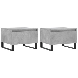 Set aus zwei grauen Couchtischen im Beton-Look mit Schublade und schwarzen Metallbeinen.