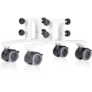 Könighaus Rollenstandfüße (2er-Set) für Infrarotheizungen, weiße Metallkonstruktion mit schwarzen Rollen.