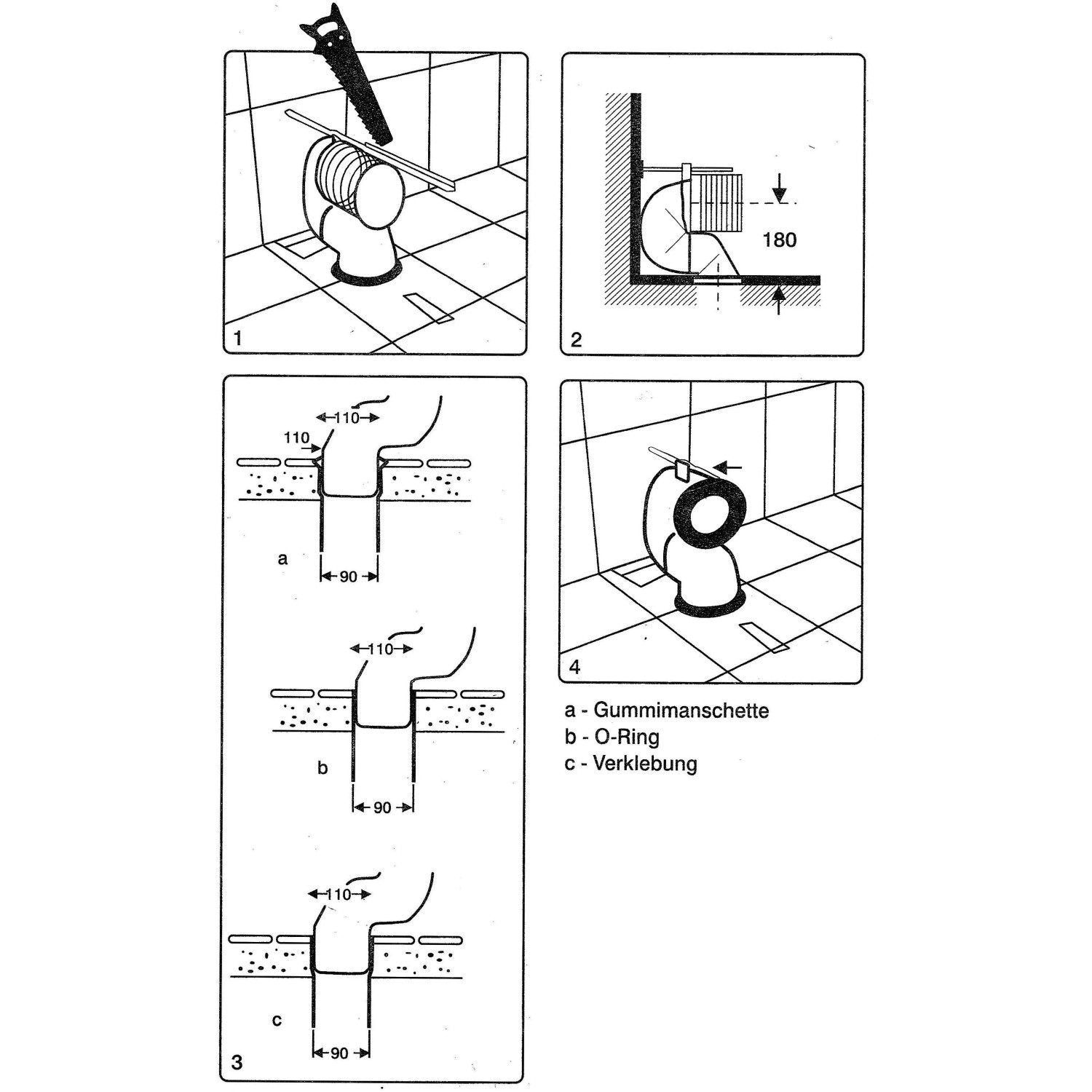 Installationsschema des kürzbarem S-Siphons für Stand-WC/Hock-WC mit senkrechtem Abgang. Zeigt Kürzen, Dichtungen und Maße.