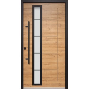 Moderne Splendoor Haustür ThermoSpace Paris Prime in Eiche Natur mit Glaseinsatz und schwarzem Rahmen.