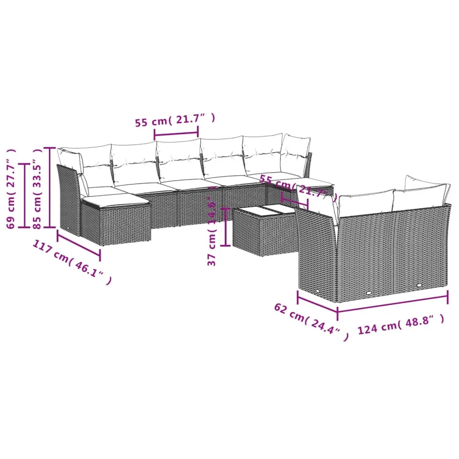 Braune 10-tlg. vidaXL Garten-Sofagarnitur aus Poly Rattan mit Kissen, Maße eingezeichnet.