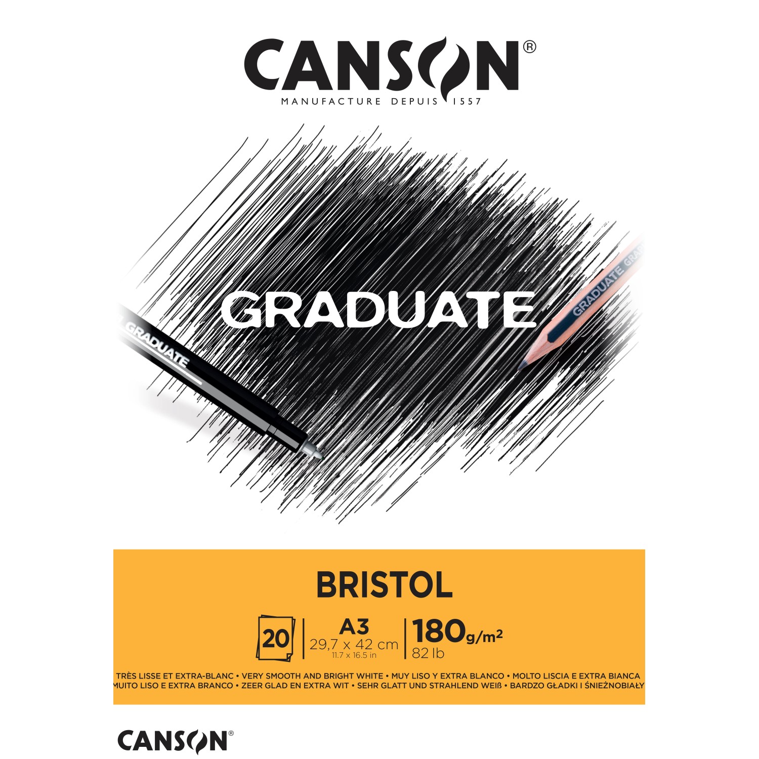 CANSON Graduate Bristol Papier sehr glatt A3 Hellweiß 20 Blatt