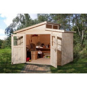 Offenes Weka Holz-Gartenhaus mit Pultdach, unbehandelt, zur Aufbewahrung von Gartengeräten.