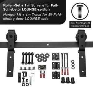 SOTECH LOUNGE Falt-Schiebetürbeschlag aus schwarzem Stahl mit 1m Schiene, Rollen und Montageset für seitliche Montage.