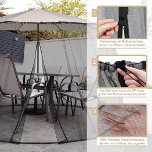 Schwarzes, verstellbares Moskitonetz für Sonnenschirm und Gartenmöbel auf Terrasse. Feinmaschiges Fliegengitter mit Reißverschluss.