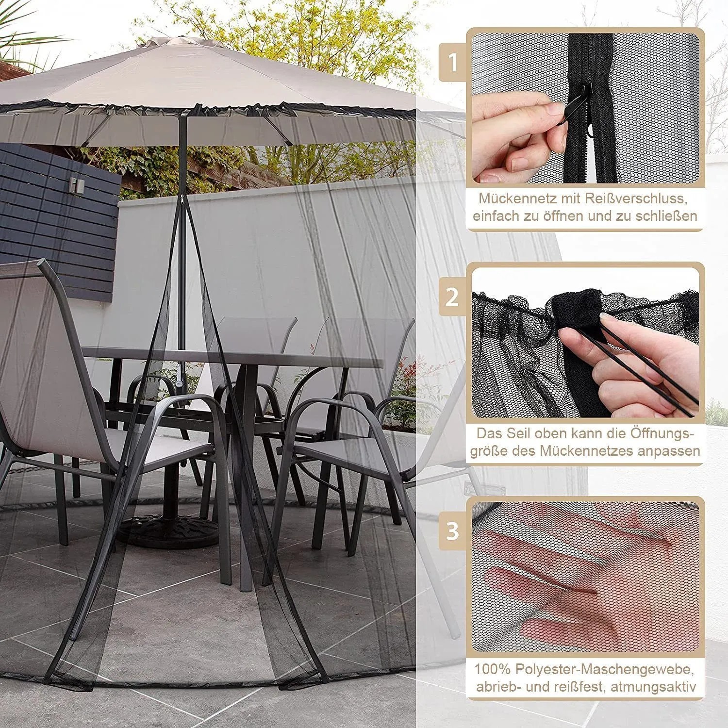 Schwarzes, verstellbares Moskitonetz für Sonnenschirm und Gartenmöbel auf Terrasse. Feinmaschiges Fliegengitter mit Reißverschluss.