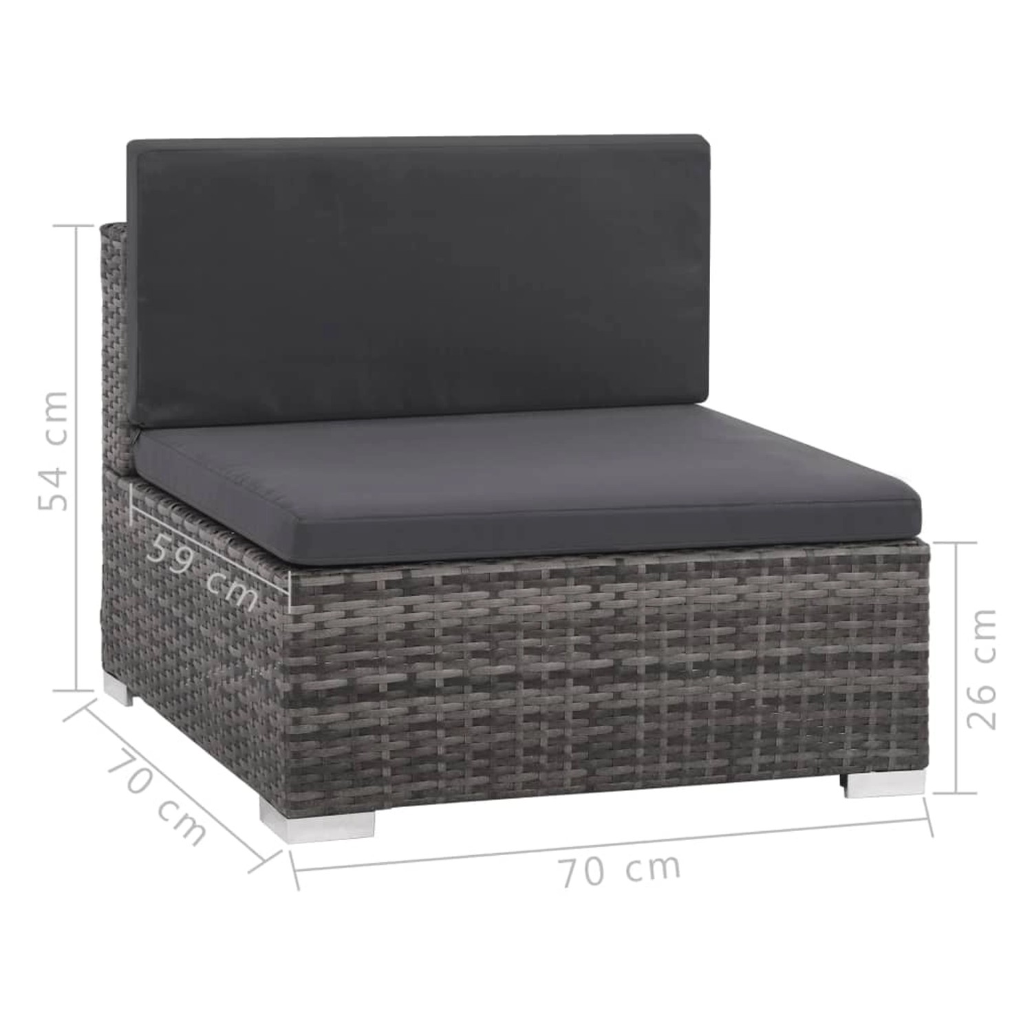 vidaXL Gartenlounge-Set, graues Poly Rattan Eckteil mit dunklen Polstern und Maßangaben.