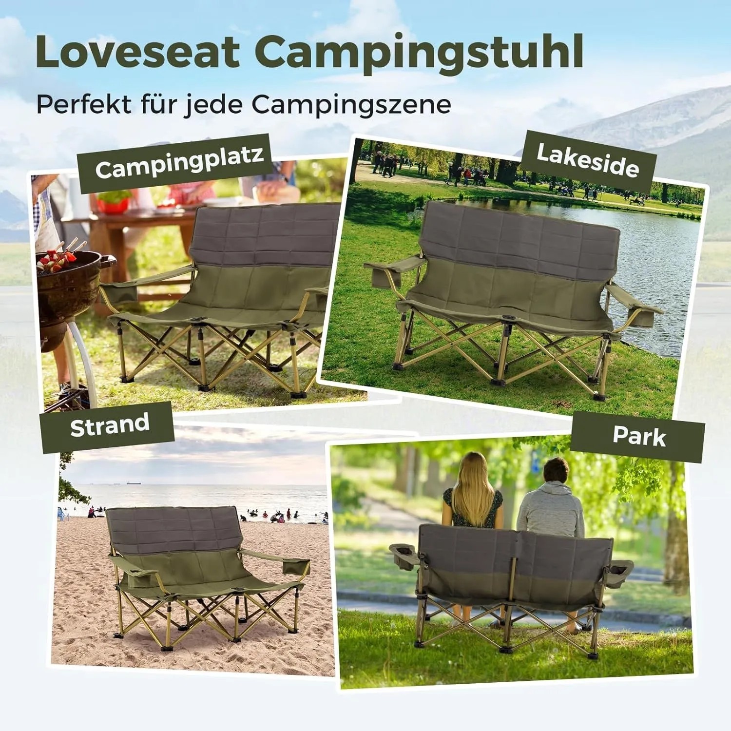 Grüner, gepolsterter Campingstuhl für 2 Personen mit Armlehnen und Getränkehaltern, ideal für Strand, Park oder Camping.