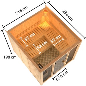 Karibu Sauna Svava mit Glasfront, Ofen und Steuerung. Massivholzsauna mit Liegen und Tür.