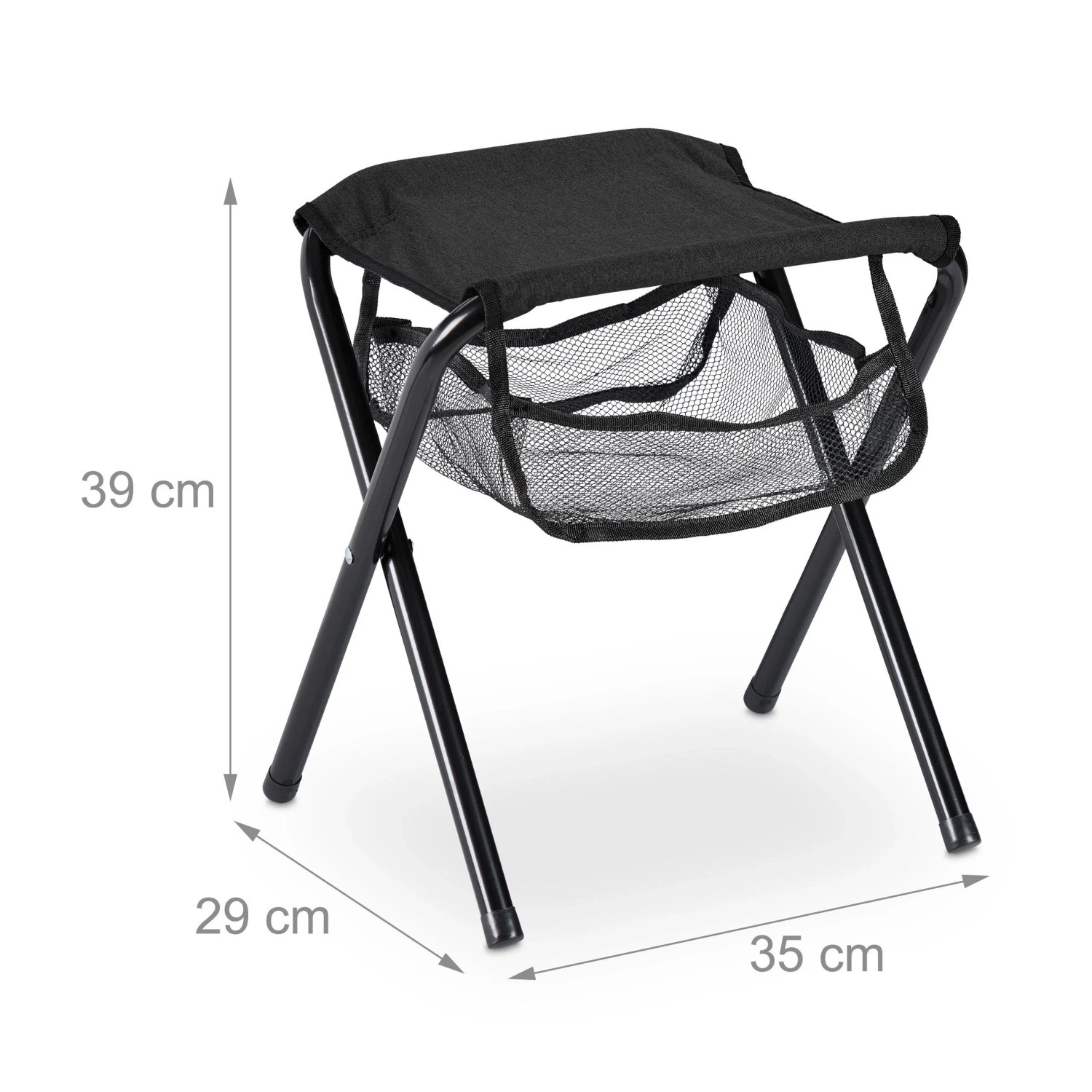 Schwarzer Relaxdays Klapphocker aus Metall/Polyester mit Staufach für Camping & Outdoor.