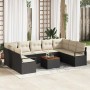 Schwarzes 10-teiliges vidaXL Garten-Sofa-Set aus Poly Rattan mit Kissen und Tisch.