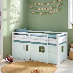 Homestyle4u Kinder Hochbett 90x200 mit Vorhang in Grün, Leiter und Matratze.