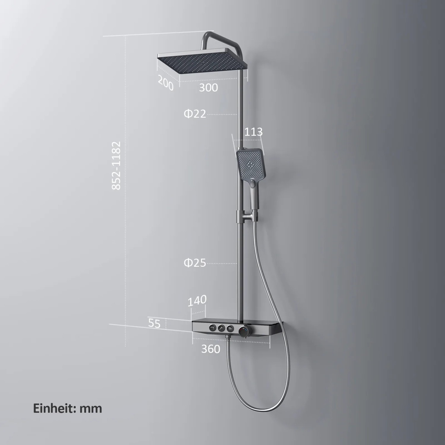 Emke Duschsystem mit Thermostat, Glasablage, Hand- und Regendusche, 3 Strahlarten, anthrazit matt.