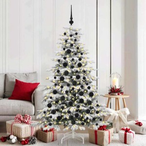 Geschmückter, schneebedeckter Weihnachtsbaum mit schwarzen Kugeln und warmweißen LEDs, vidaXL.