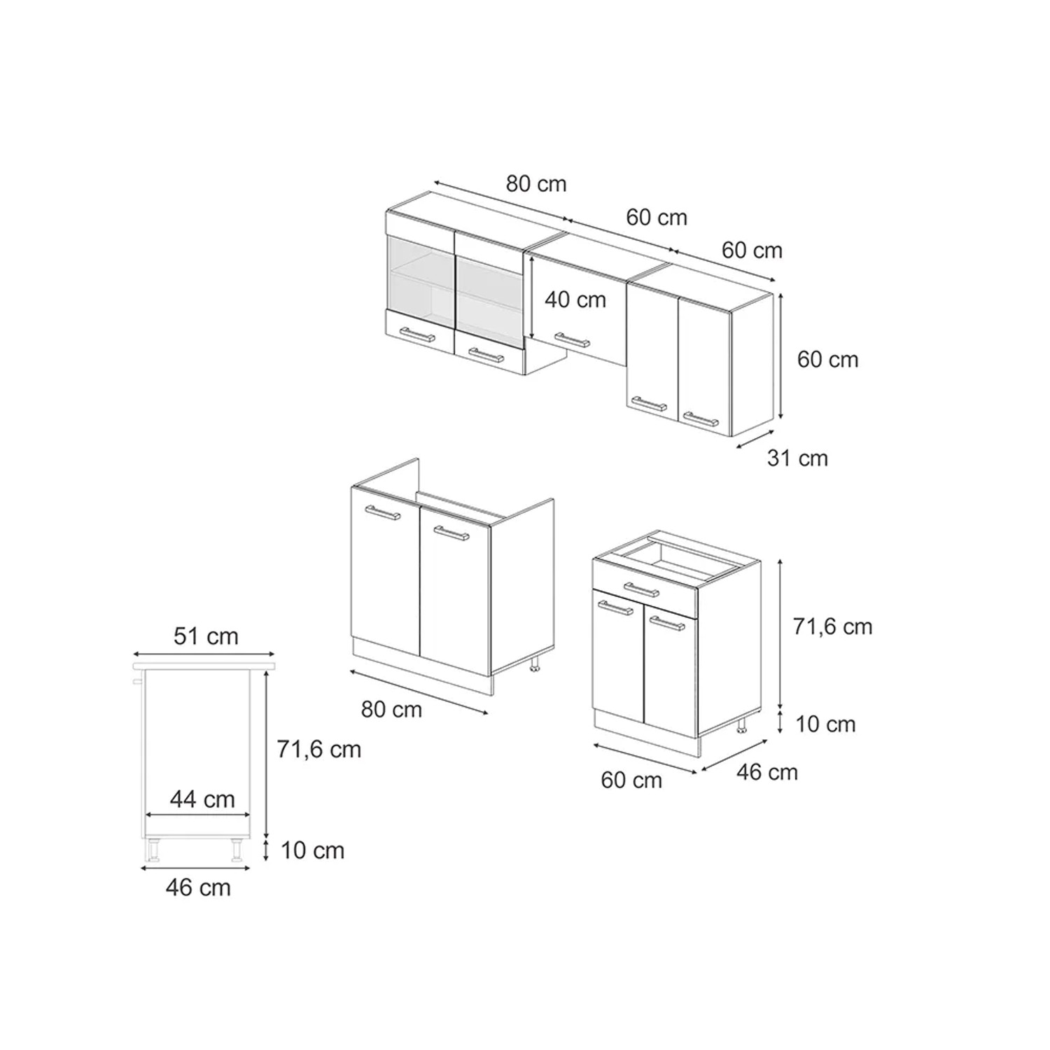 Skizze der Vicco R-Line Küchenzeile in Goldkraft Eiche/Weiß, 200 cm breit, mit Maßangaben.