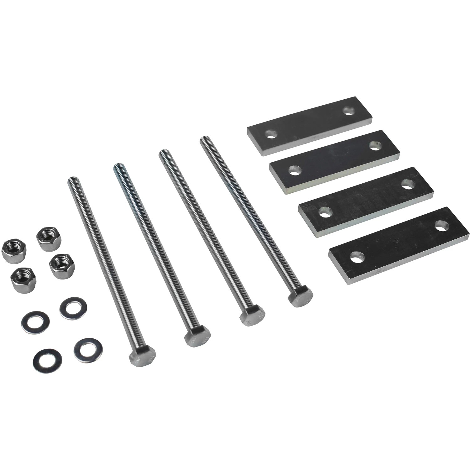 Befestigungsmaterial für LAS Anhänger-Deichselbox Blackit 1: Schrauben, Muttern, Unterlegscheiben und Metallplatten.