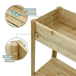 Detailansicht des holz4home Hochbeets aus Kiefernholz mit Ablage und Vlieseinlegefolie.