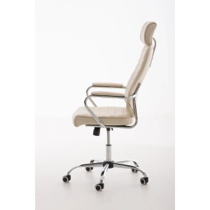 Eleganter CLP Bürostuhl Rako V2 in Creme aus Kunstleder, höhenverstellbar, mit Chromgestell und Rollen, seitlich.