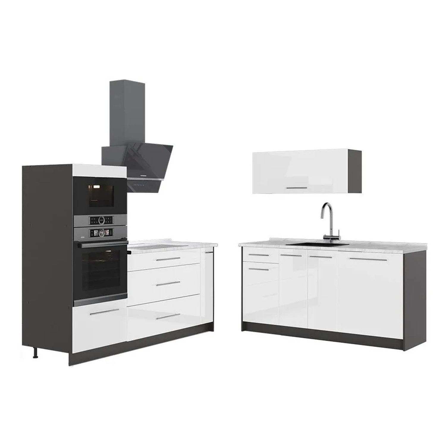 Vicco Küchenzeile Fame-Line Weiß Hochglanz/Anthrazit 340 x 154 AP Marmor Art Nr 63683