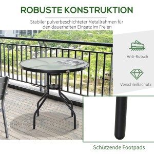 Runder Outsunny Gartentisch mit Glasplatte und Schirmloch (38mm) auf Balkon.