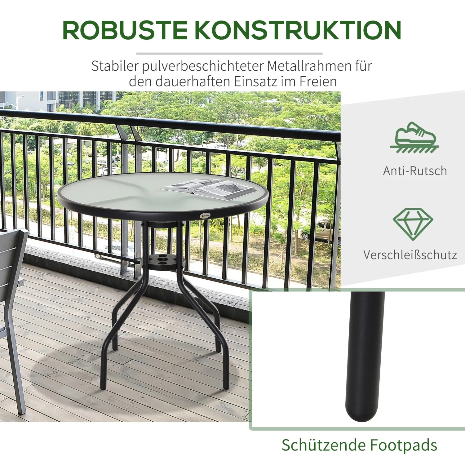 Runder Outsunny Gartentisch mit Glasplatte und Schirmloch (38mm) auf Balkon.