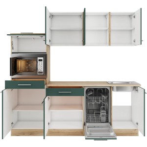 OPTIFIT Savona405 Küchenzeile, 210 cm, Steingrün mit Eiche Dekor, inkl. E-Geräte.