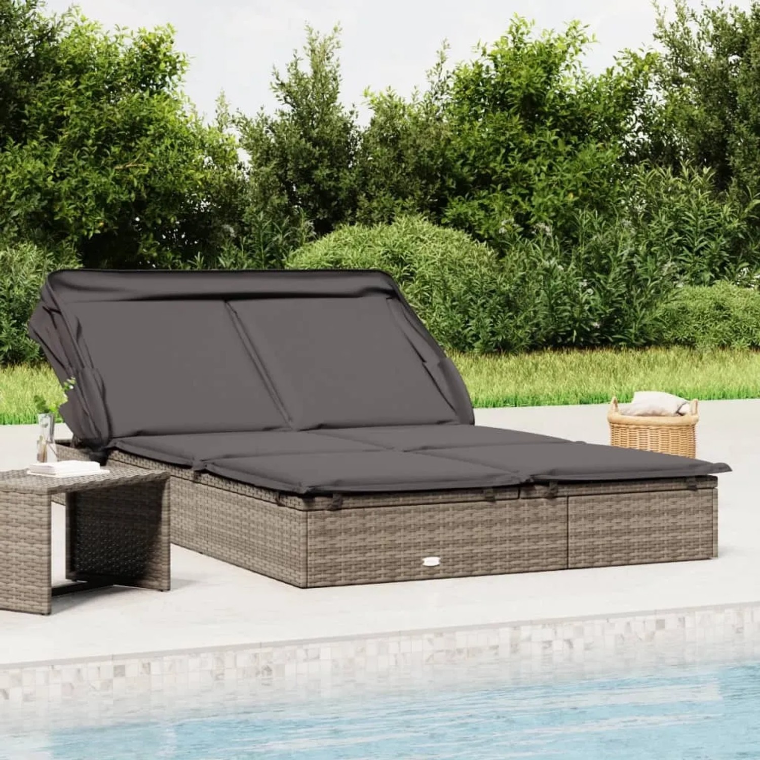 Graue 2-Personen-Sonnenliege mit Dach aus Poly Rattan von VidaXL, ideal für Garten oder Terrasse.