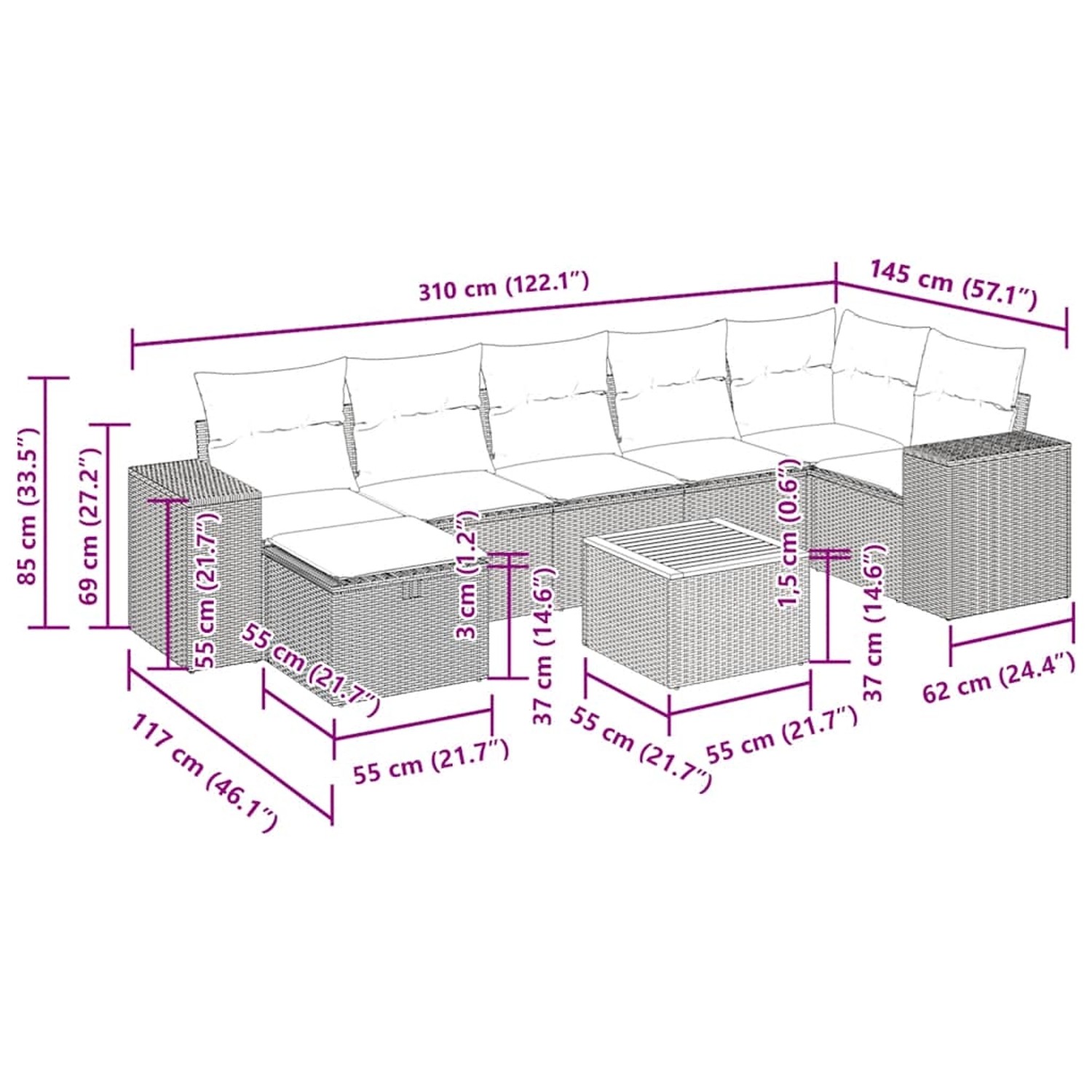 vidaXL 8-tlg. Garten-Sofagarnitur aus schwarzem Rattan mit Kissen und Maßen.