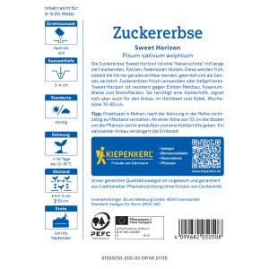 Samentüte Kiepenkerl Zuckererbse Sweet Horizon mit Infos zu Aussaat, Standort und Erntezeit.