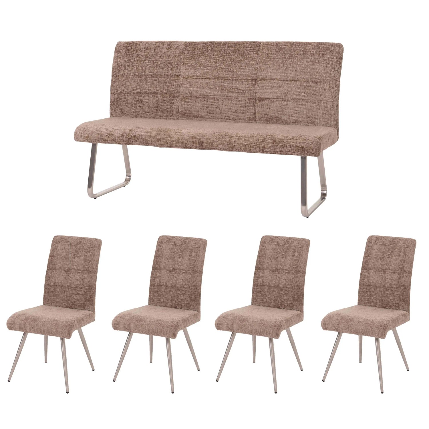 MCW Esszimmer-Set G55 4er-Set Stuhl + Sitzbank 160cm 5-teilig Stoff Chenille Braun