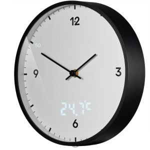 Weiße Bresser Wanduhr MyTime (Ø 24cm) mit LED-Sekunden- und Temperaturanzeige.