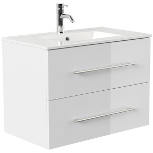 Posseik Badmöbel Homeline 80, weiß hochglanz, mit Waschbecken und zwei Schubladen.