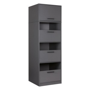 Anthrazitfarbener Inter Link Wäscheschrank Studio Flow. Hoher Schrank mit Tür, offenen Fächern und Klappen.