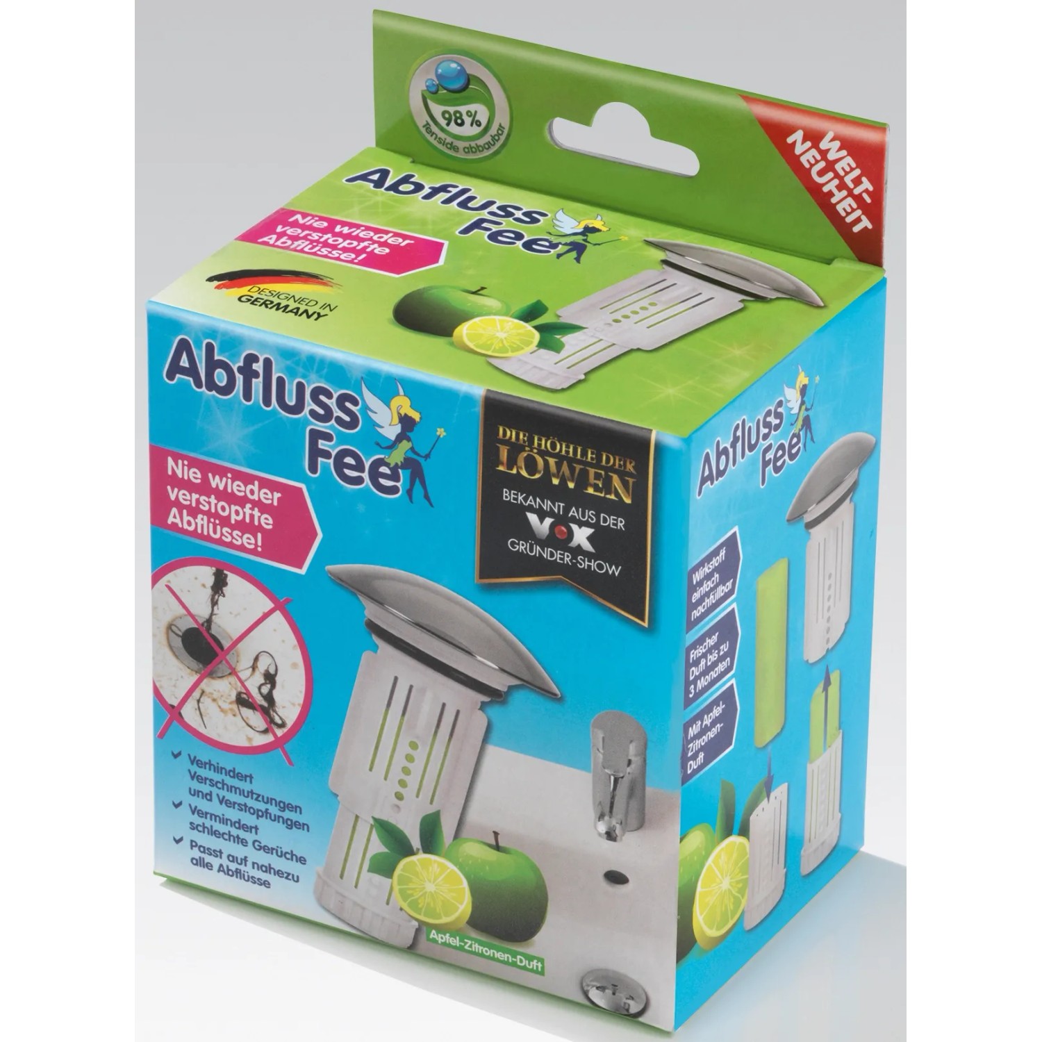 Abfluss-Fee Waschbeckenstöpsel Weiß-Chrom, Verpackung mit Produkt und Infos.