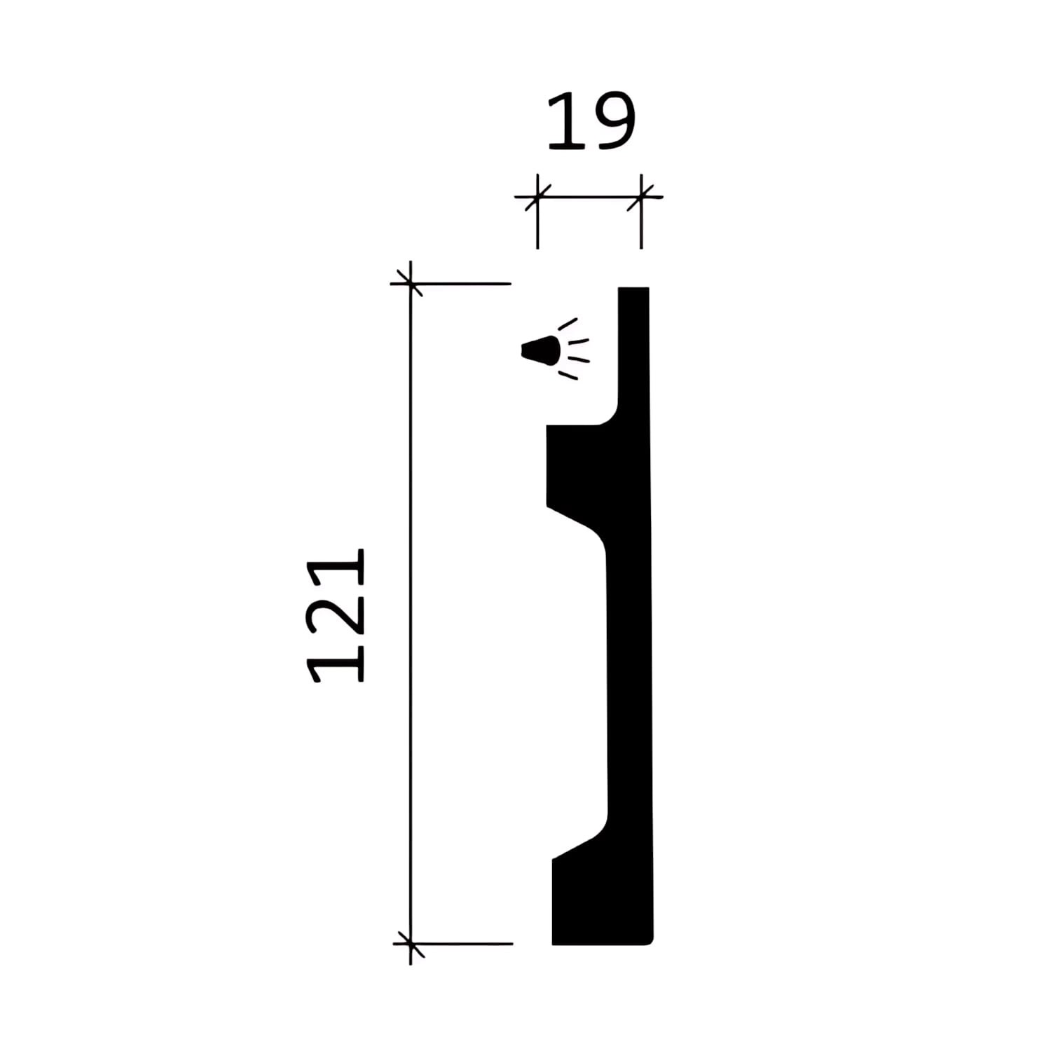 Abbildung einer weißen PROFHOME Wandleiste 151605 für indirekte Beleuchtung, Seitenansicht mit Maßen.